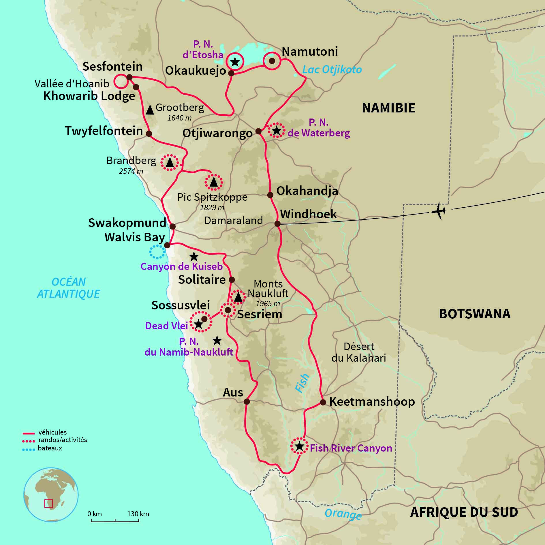 Carte Namibie : Road Trip d'Etosha au Fish River Canyon