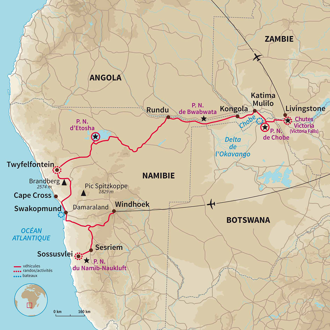 Carte Namibie : En piste du Namib aux Chutes Victoria